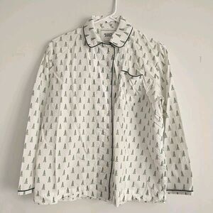 Sleepy Jones Pajama Top Women S White Green Tree All Over Print Cotton Button